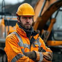 Construction Worker Posing With Excavator photo