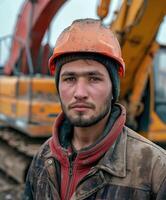 Construction Worker Posing With Excavator photo