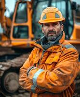 Construction Worker Posing With Excavator photo
