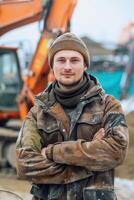 Construction Worker Posing In Front of Excavator photo