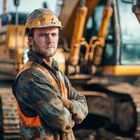 Construction Worker Posing With Excavator photo