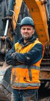 Construction Worker Posing With Excavator photo