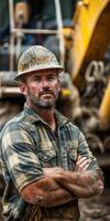 Construction Worker Posing in Front of Excavator photo
