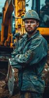 Construction Worker Posing by Excavator photo