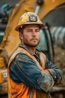 Construction Worker Posing With Excavator photo