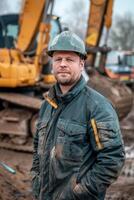 Construction Worker Posing in Front of Excavator photo