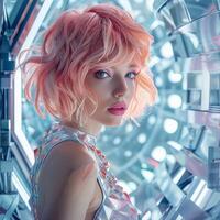 Woman With Pink Hair Standing in Front of Mirror photo