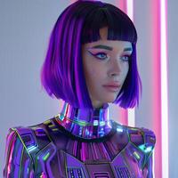Futuristic Woman With Purple Hair in Stylish Outfit photo