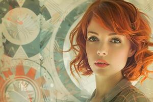 Woman With Red Hair in Front of Clock photo