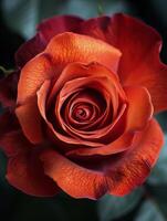 Close Up of a Red Rose With Green Leaves photo