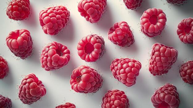 grupo de frambuesas en blanco superficie foto