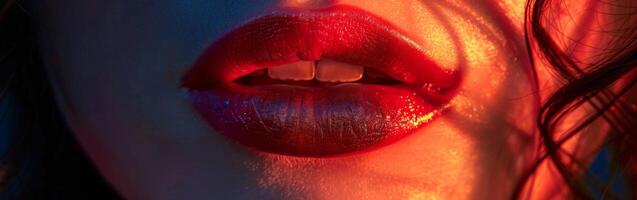 Close Up of Womans Lips With Red Lipstick photo