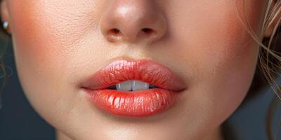 Close-Up of Womans Face With Bright Orange Lipstick photo