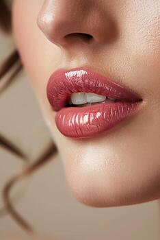cerca arriba de mujeres cara con rojo lápiz labial foto