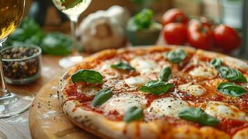 Margherita Pizza on Wooden Cutting Board photo