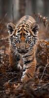 Baby Tiger Walking Through the Woods photo