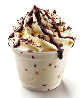 Delicious Cup of Ice Cream With Chocolate Sauce and Sprinkles photo