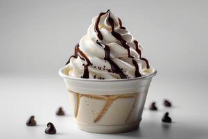 Delicious Ice Cream Sundae With Chocolate Sauce and Whipped Cream photo