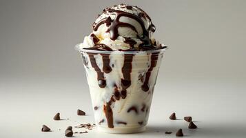 Delicious Ice Cream Sundae With Chocolate Drizzle photo