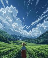 Person Standing in Field Looking at Sky photo
