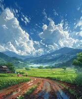 A Painting of a Dirt Road in a Green Field photo