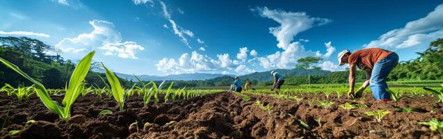 Group of People Planting Crops in a Field photo