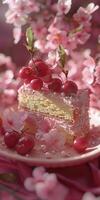 Piece of Cake With Cherries on Plate photo