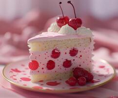 A Piece of Cake With White Frosting and Raspberries on a Plate photo