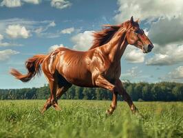 Brown Horse Running Through Lush Green Field photo