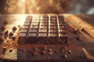 Close Up of Dark Chocolate Bar on Table photo