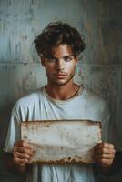 Man Holding Sign in Front of Face photo