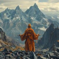 Monk Standing on Top of Mountain photo