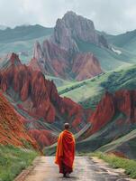 Buddhist Monk Walking in Orange Robe Along Dirt Road photo