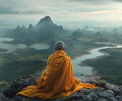 Buddhist Monk Meditating on Mountain Peak photo