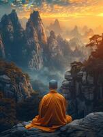 Man Sitting on Mountain Next to Forest photo