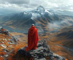 Buddhist Monk in Red Robe Standing on Mountain Top photo