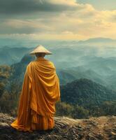 Buddhist Monk in Yellow Robe and Hat Standing on Mountain Top photo