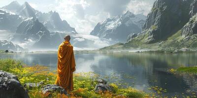 Buddhist Monk Standing in Front of Mountain Lake photo