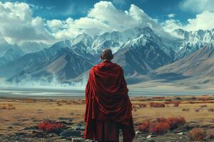 Monk in Red Robe Stands Before Mountain Range photo