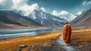Buddhist Monk in Orange Robe Walking Down Path photo