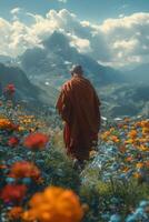 Monk Observing Field of Flowers photo