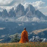 Buddhist Monk Sitting on Hill With Background of Mountains photo