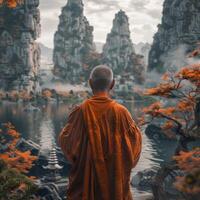 Monk Standing in Front of Body of Water photo