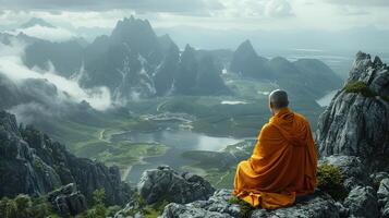 Monk Contemplating Valley From Mountain photo