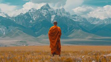 Person Standing in Field With Mountains in Background photo
