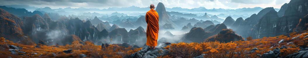 Buddhist Monk Standing on Mountain Top photo