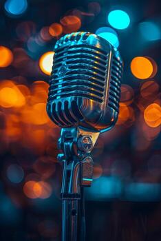 Microphone on Stand in Front of Blurry Background photo