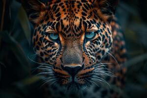 Close-Up of a Leopards Face With Blue Eyes photo