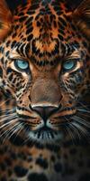 Close Up of a Leopards Face With Blue Eyes photo
