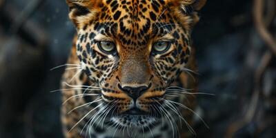 Close Up of a Leopards Face With Blurry Background photo